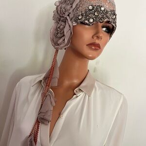 Flapper Hat Wedding Sequin Taupe Antique style Wrap 1920s Theme  Hat Flapper